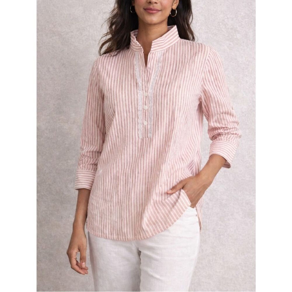 Leggiadro Pink White Stripe Cotton Tunic Blouse Lace Trim 3/4 Sleeve Size S